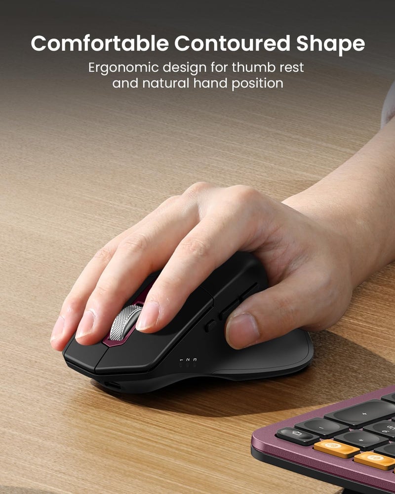 ProtoArc Ergonomic Wireless Keyboard Mouse, EKM01 Plus Full Size Ergo Bluetooth Keyboard Mouse Combo, Split Design, Wrist Rest, Multi-Device, Rechargeable, for Windows/Mac OS - Wine Red - Image 5